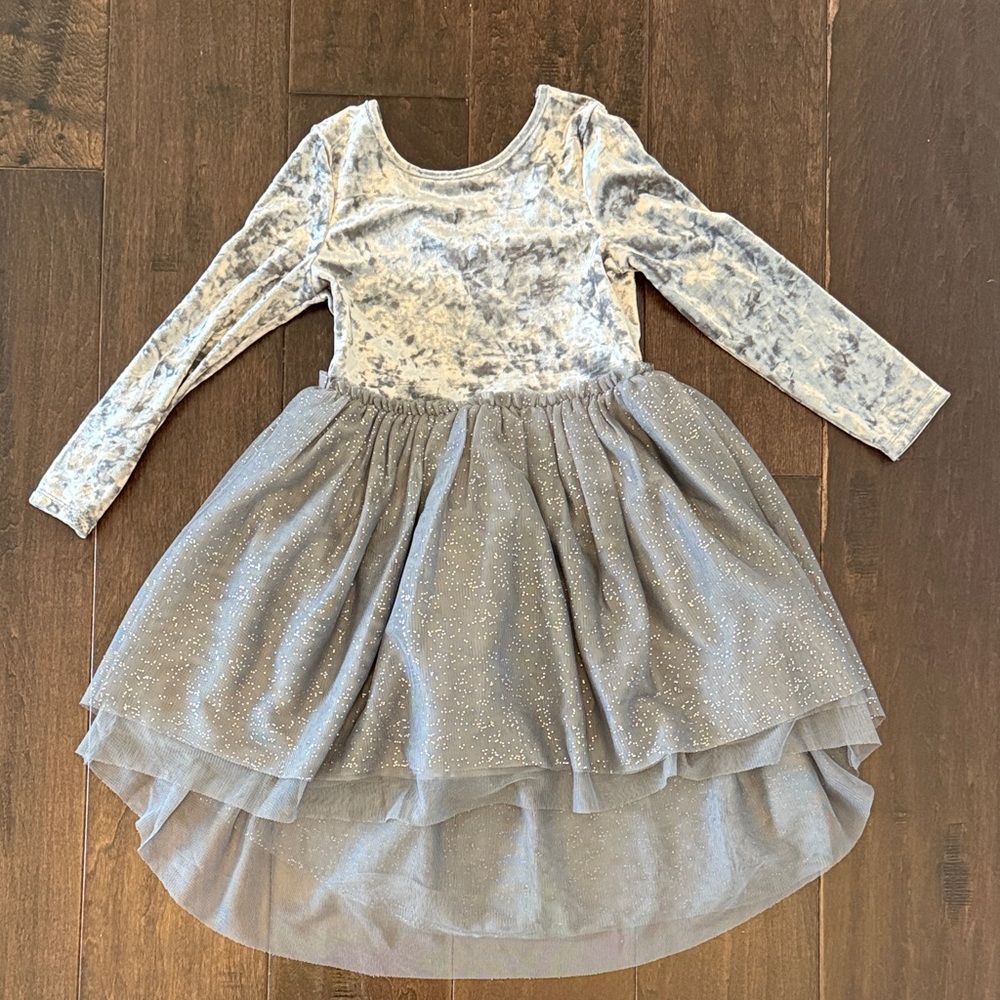 Cat and Jack Girls' Silver Velvet & Sparkle Tulle High-Low Party Dress